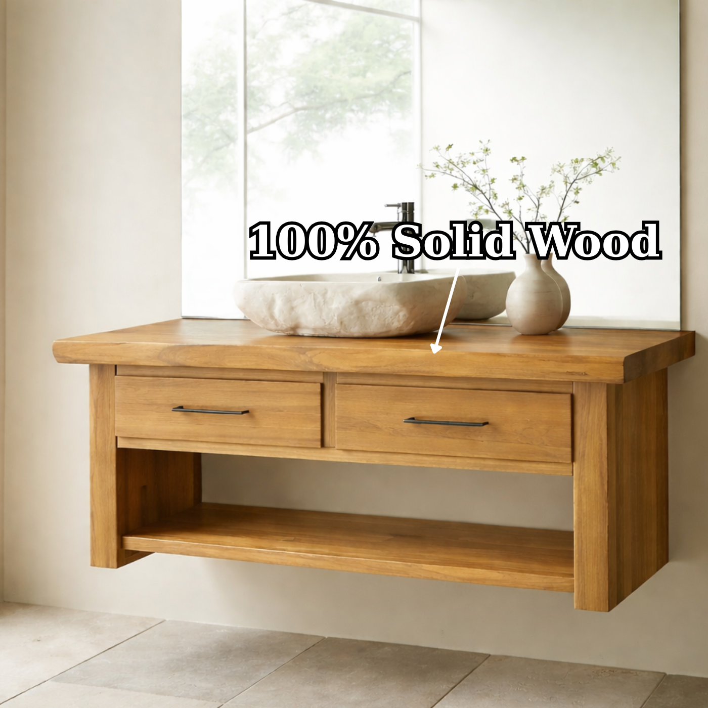 Floating Solid Wood Bathroom Vanity with Storage Shelf Kitchnce
