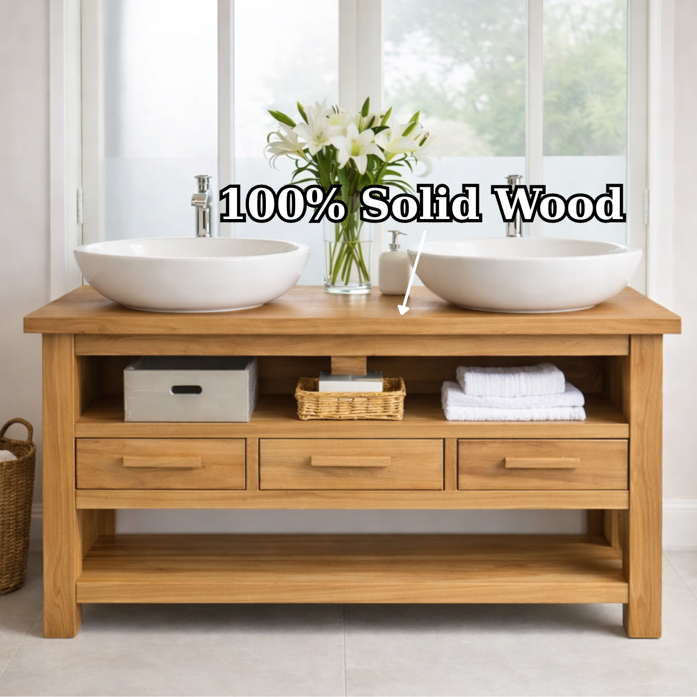 Solid Oak Double Bathroom Vanity with Storage for Spacious Bathrooms Kitchnce