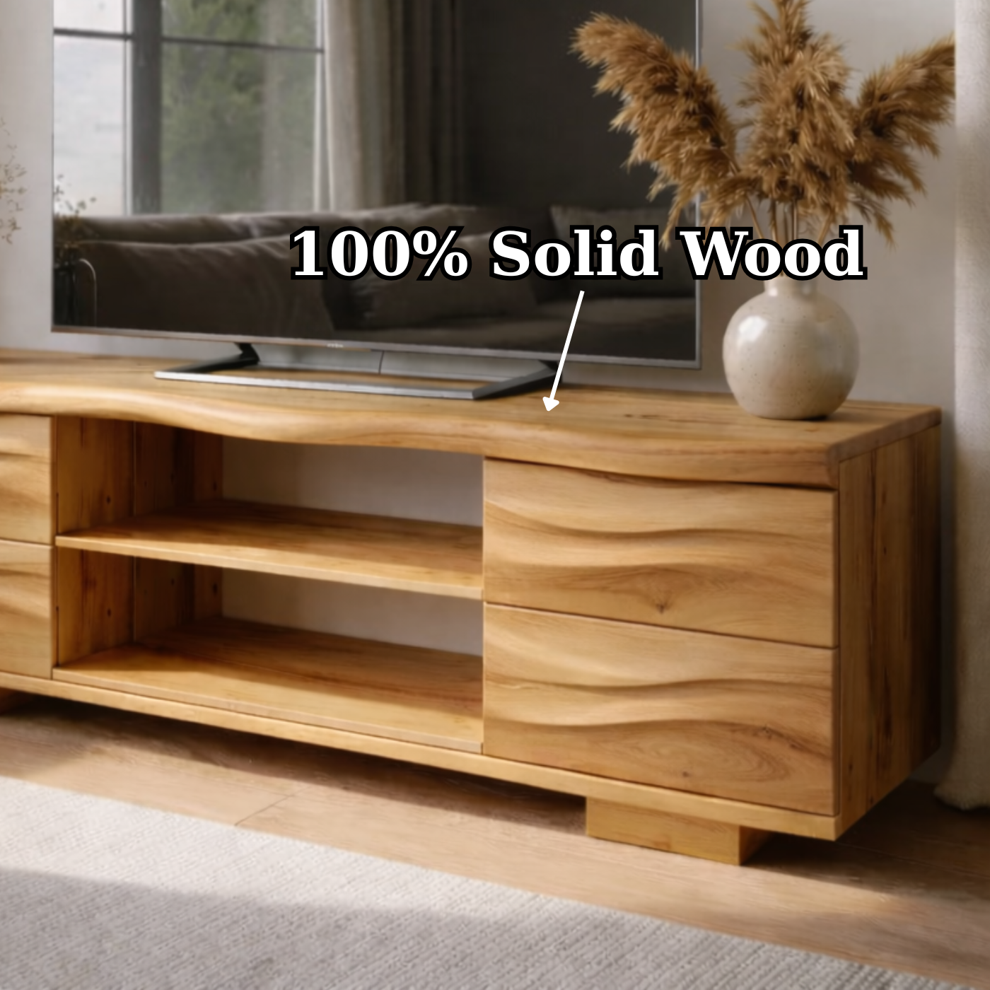 Solid Wood TV Stand with Drawers and Open Shelves for Natural Style Interiors Kitchnce