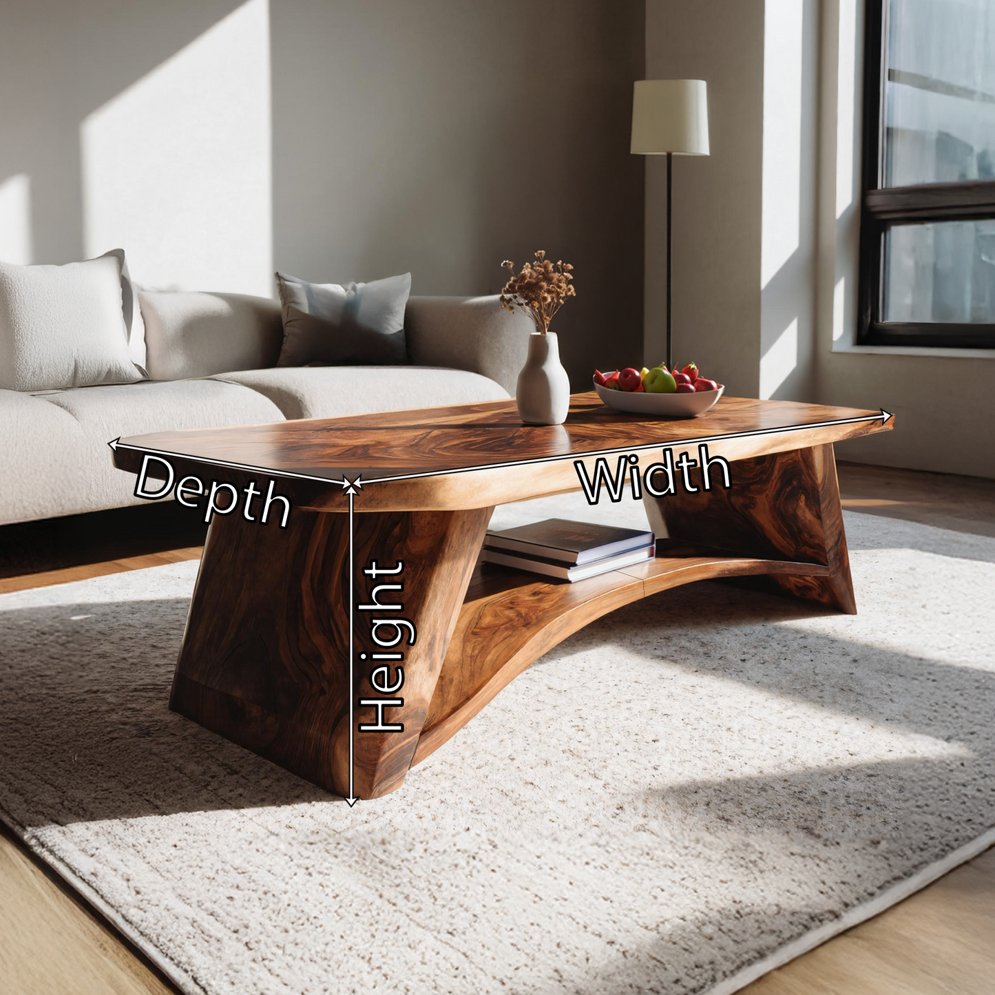 Solid Wood Coffee Table with Arched Base and Organic Edge Top