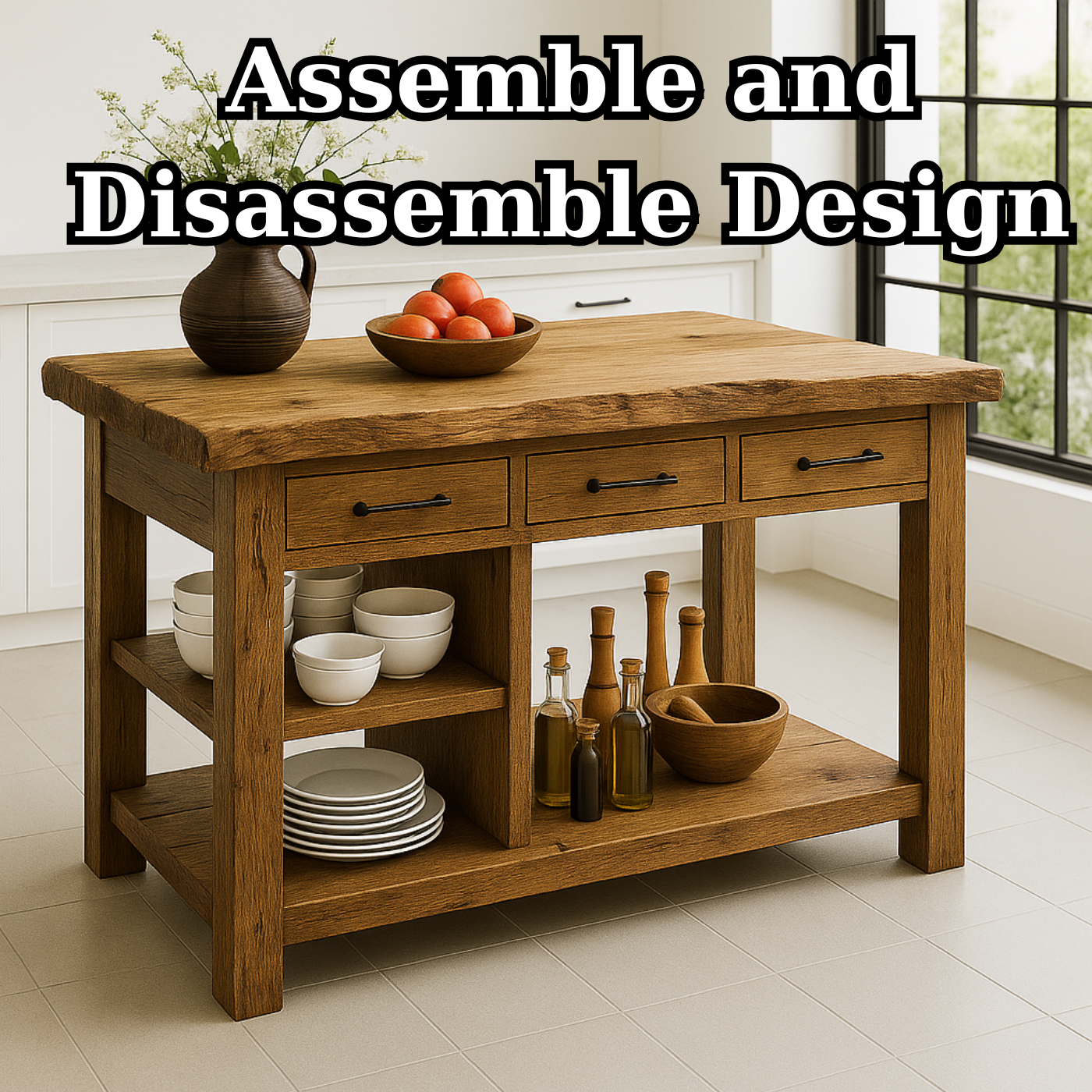 Handcrafted Solid Wood Kitchen Island - Live-Edge Top, 3 Drawers & Shelves Kitchnce