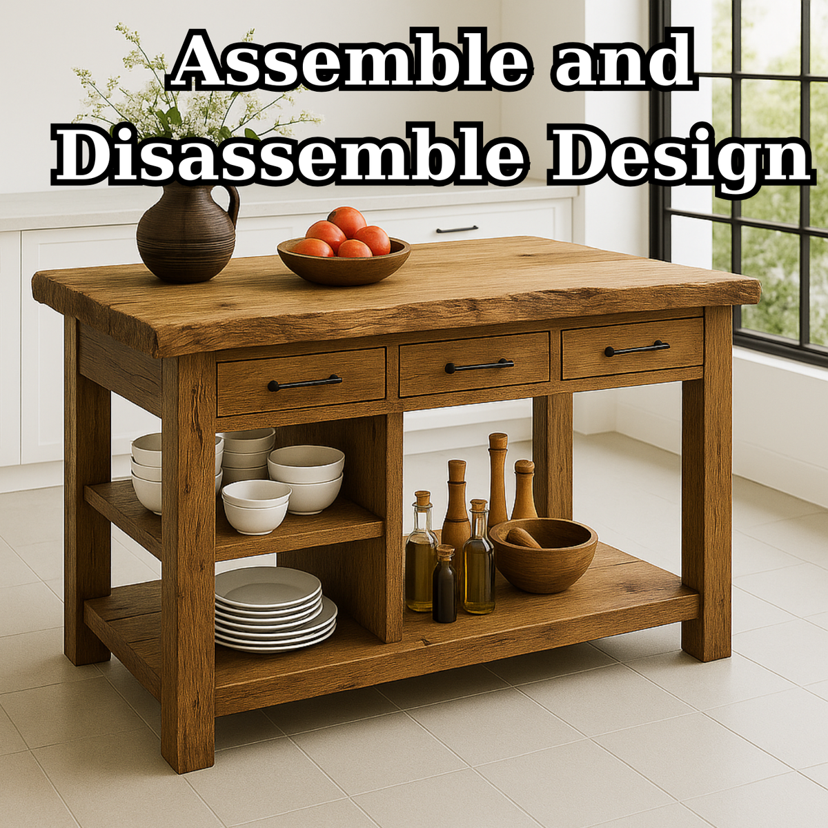 Handcrafted Solid Wood Kitchen Island - Live-Edge Top, 3 Drawers & Shelves Kitchnce