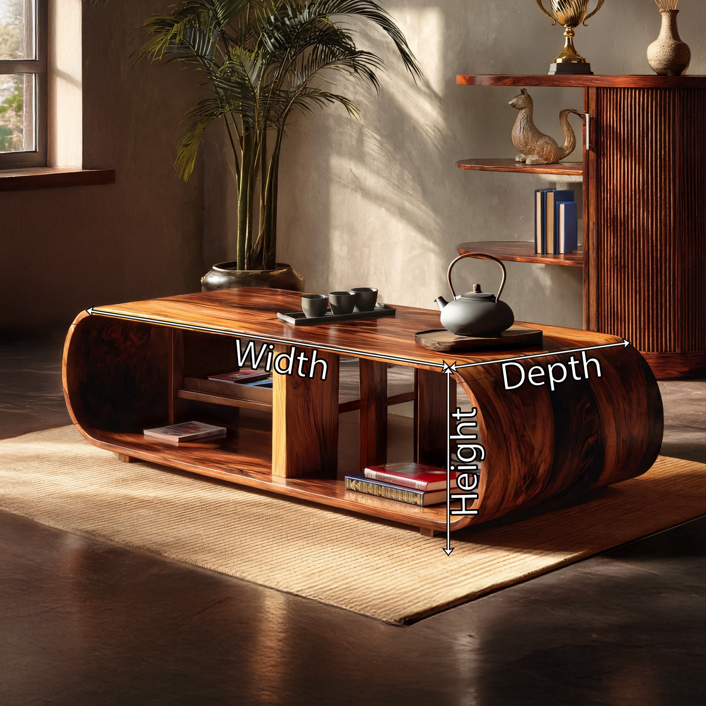 Curved Waterfall Coffee Table with Integrated Open Shelving
