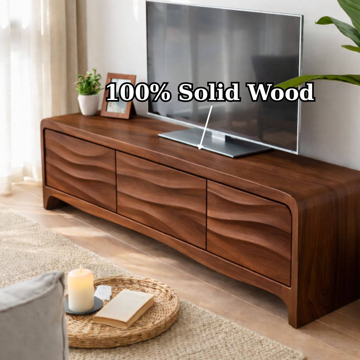 Solid Wood TV Stand with Wave Front Drawers for Modern Living Spaces Kitchnce