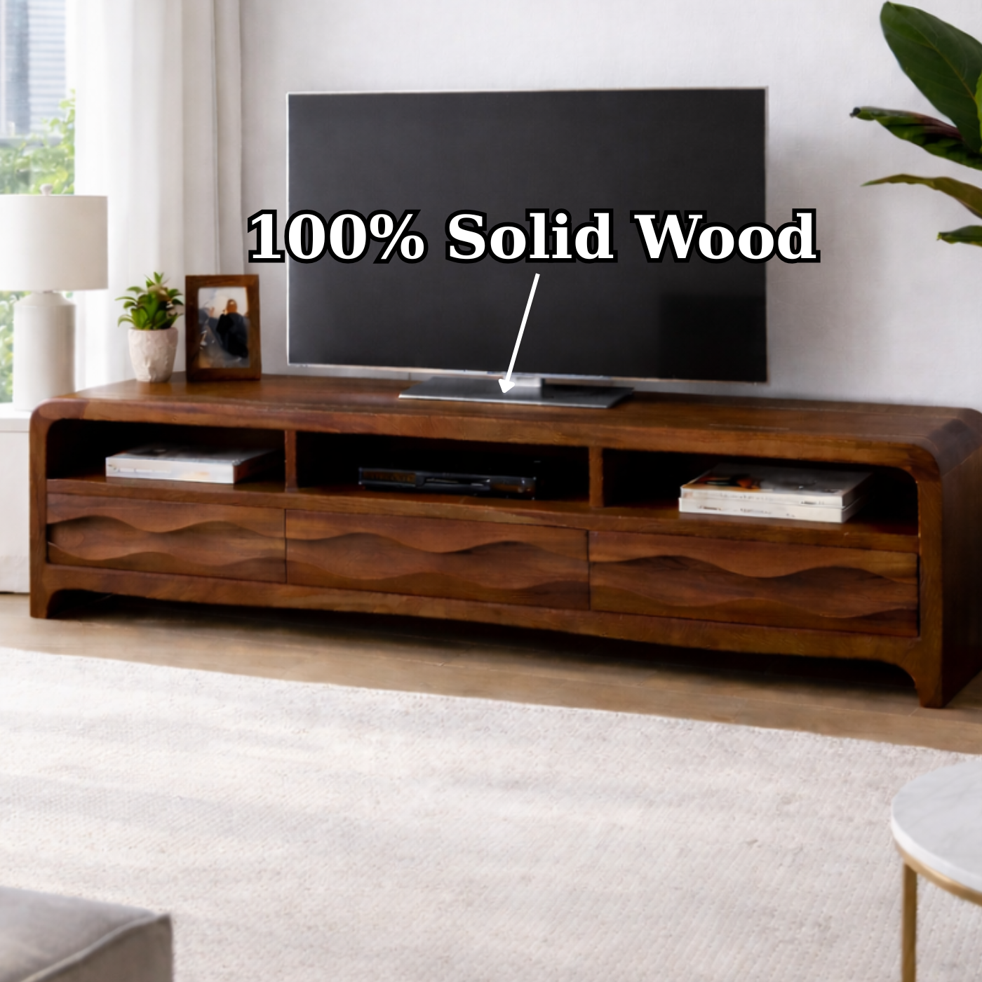 Solid Wood TV Stand with Wave-Front Drawers and Open Shelf for Stylish Living Spaces Kitchnce
