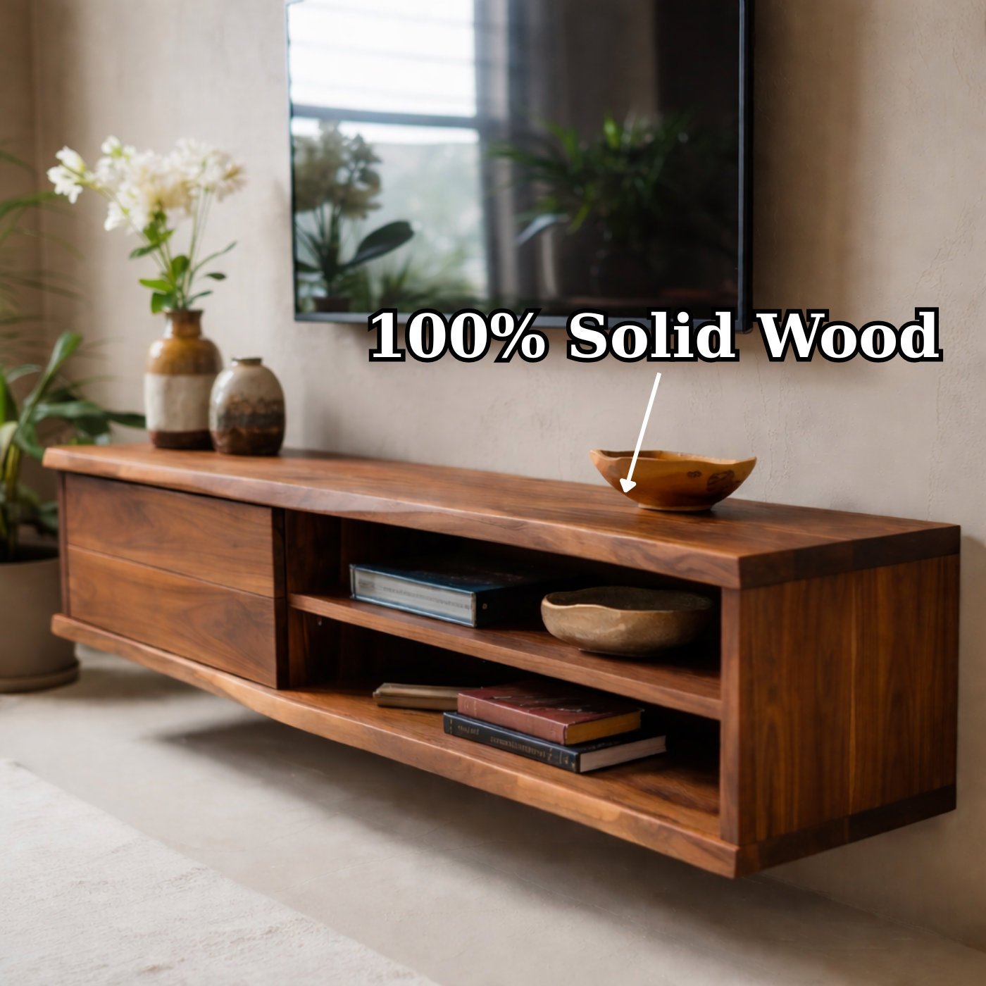 Floating Solid Wood TV Stand with Drawer and Open Shelves for Modern Living Rooms Kitchnce