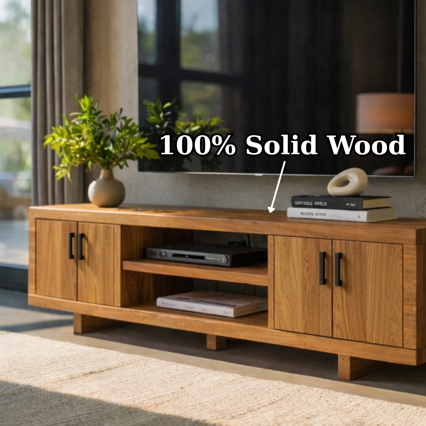 Modern Solid Wood TV Stand with Storage Cabinets and Open Media Shelf Kitchnce