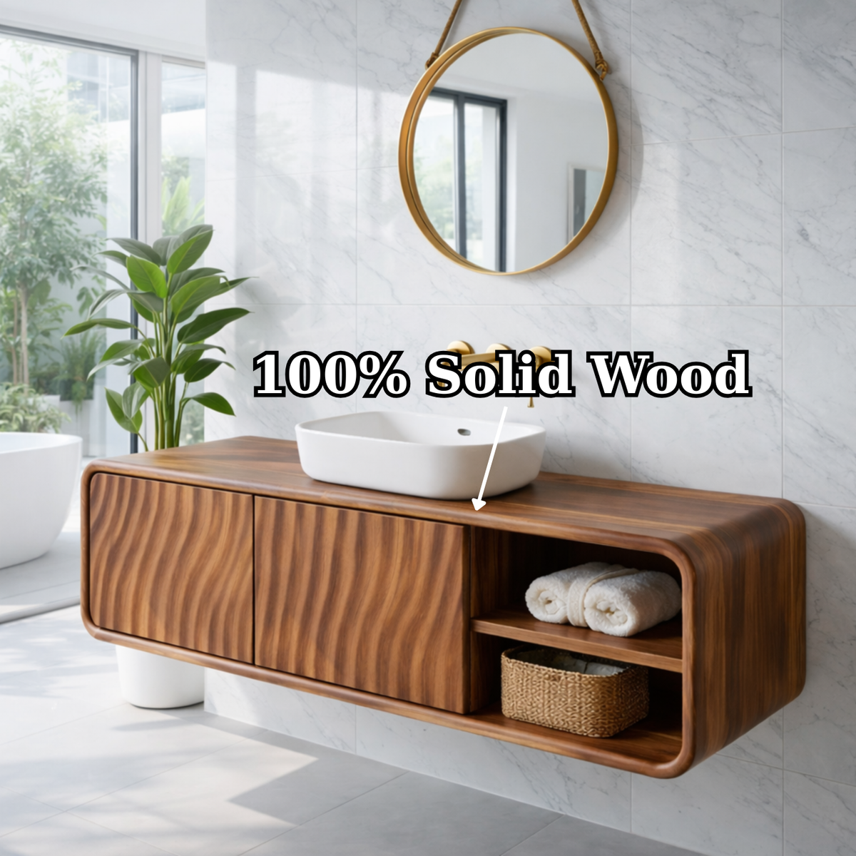 Modern Floating Solid Wood Bathroom Vanity with Wave Grain Cabinet Doors Kitchnce