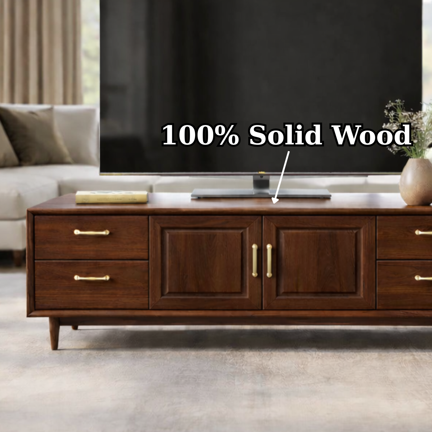 Mid-Century Solid Wood TV Stand with Drawers and Cabinet Storage Kitchnce