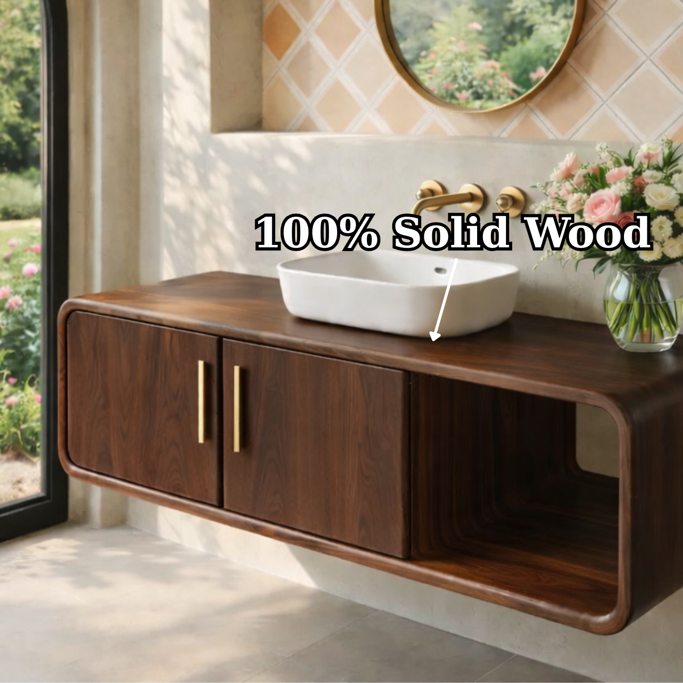 Floating Solid Wood Bathroom Vanity with Cabinet Doors and Open Shelf for Elegant Bathrooms Kitchnce