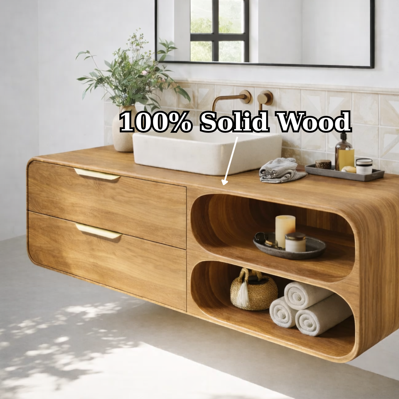 Floating Solid Wood Bathroom Vanity with Drawers and Open Curved Shelves for Modern Bathrooms Kitchnce