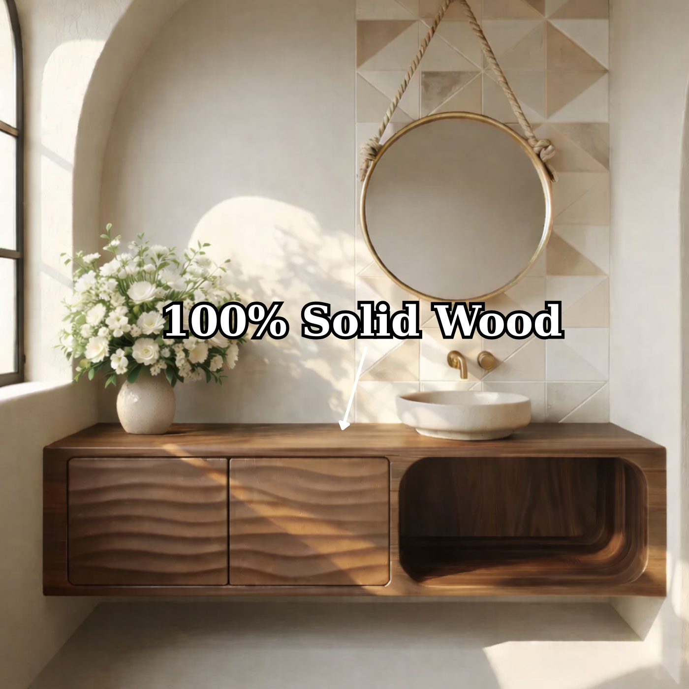 Floating Solid Wood Bathroom Vanity with Textured Cabinet Doors and Open Shelf for Contemporary Homes Kitchnce