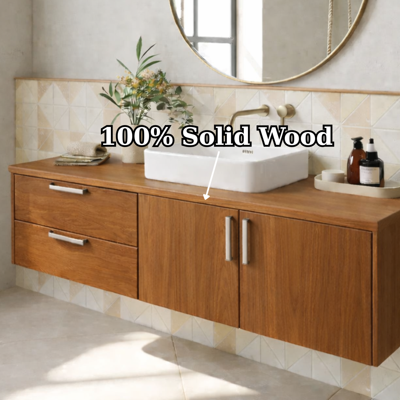 Floating Solid Wood Bathroom Vanity with Drawers and Cabinet Doors for Modern Home Interiors Kitchnce
