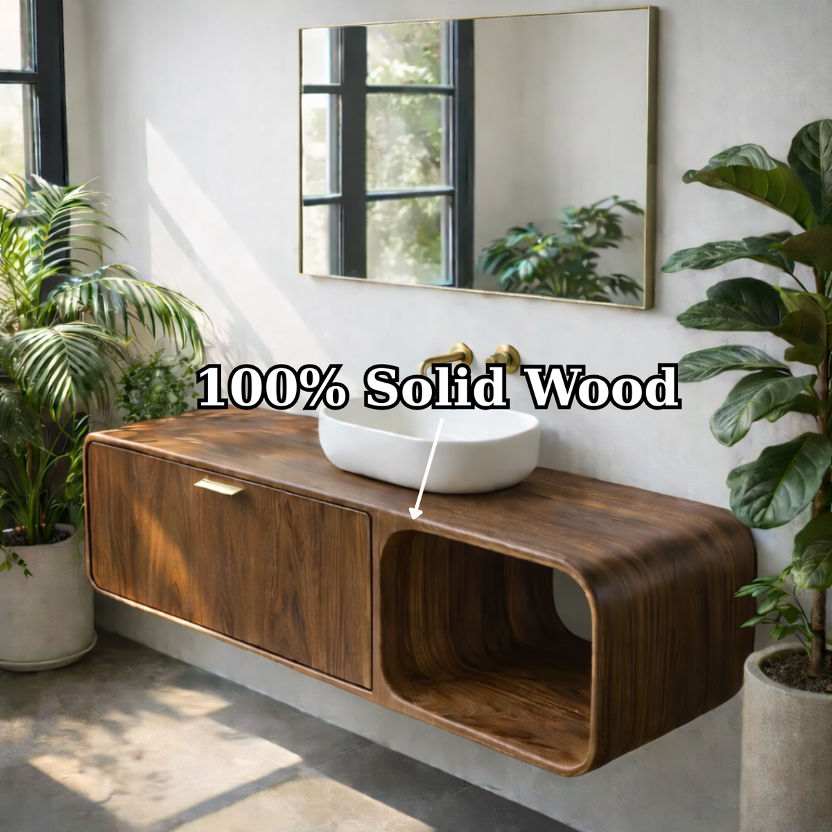 Contemporary Solid Wood Floating Bathroom Vanity with Open Side Shelf Kitchnce