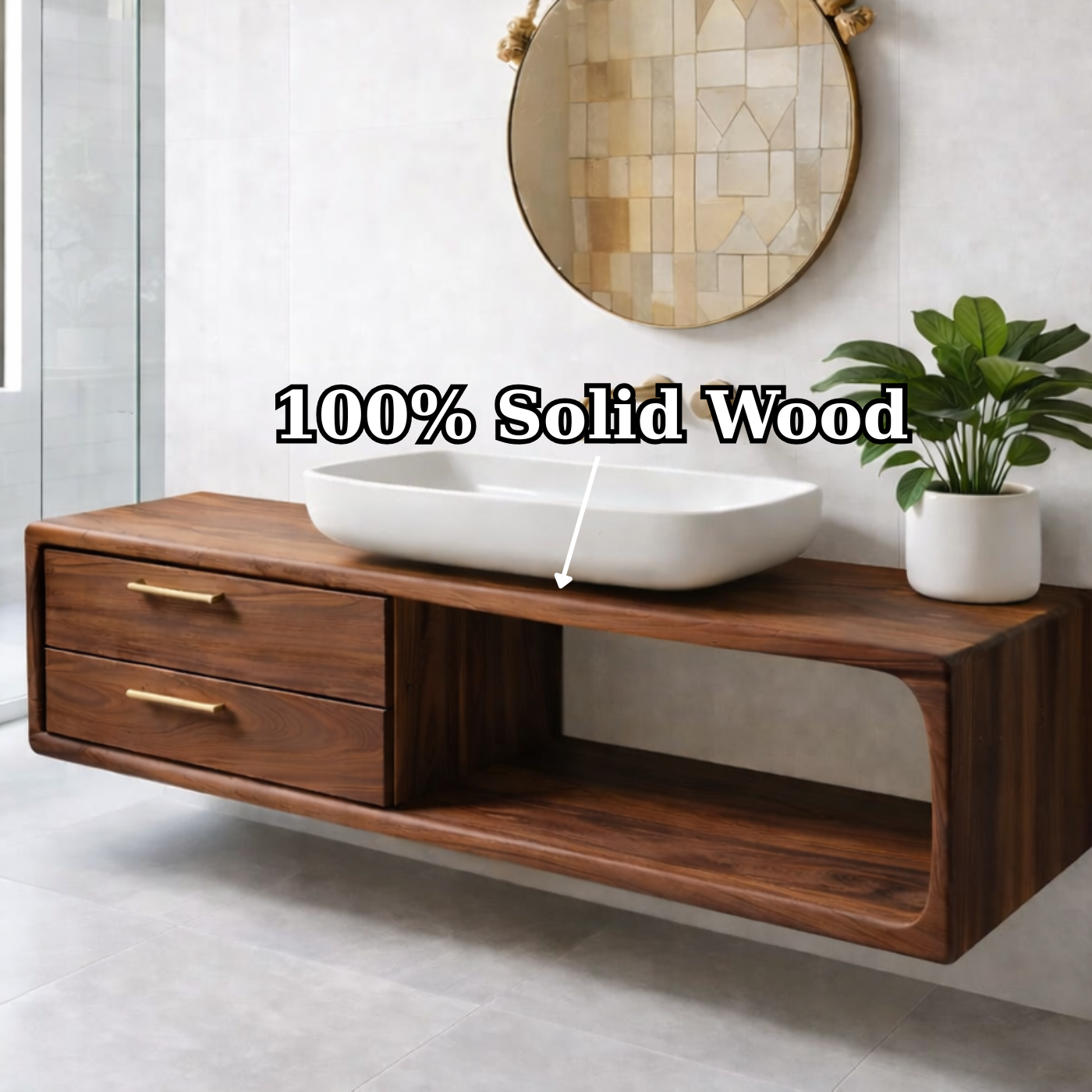 Modern Solid Wood Floating Bathroom Vanity with Double Drawers and Open Shelf Kitchnce