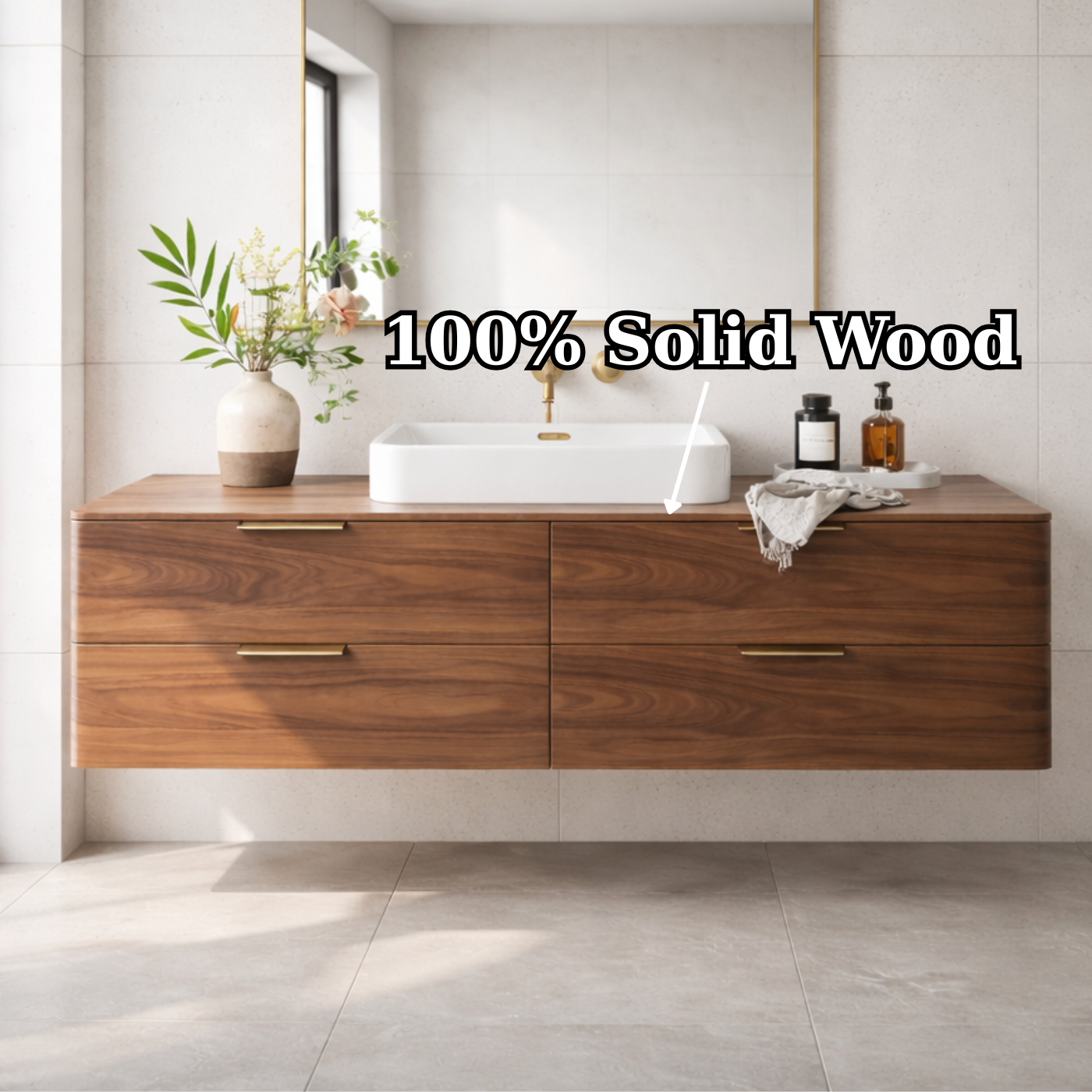 Modern Solid Wood Floating Bathroom Vanity with Four Storage Drawers Kitchnce
