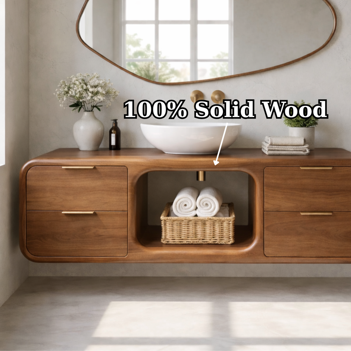 Modern Floating Solid Wood Bathroom Vanity with Open Center Shelf and Drawer Storage Kitchnce