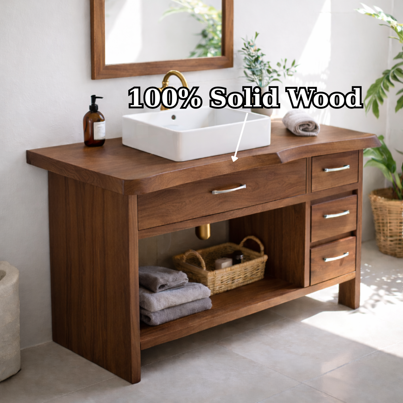 Modern Solid Wood Bathroom Vanity with Multiple Drawers and Open Storage Shelf Kitchnce