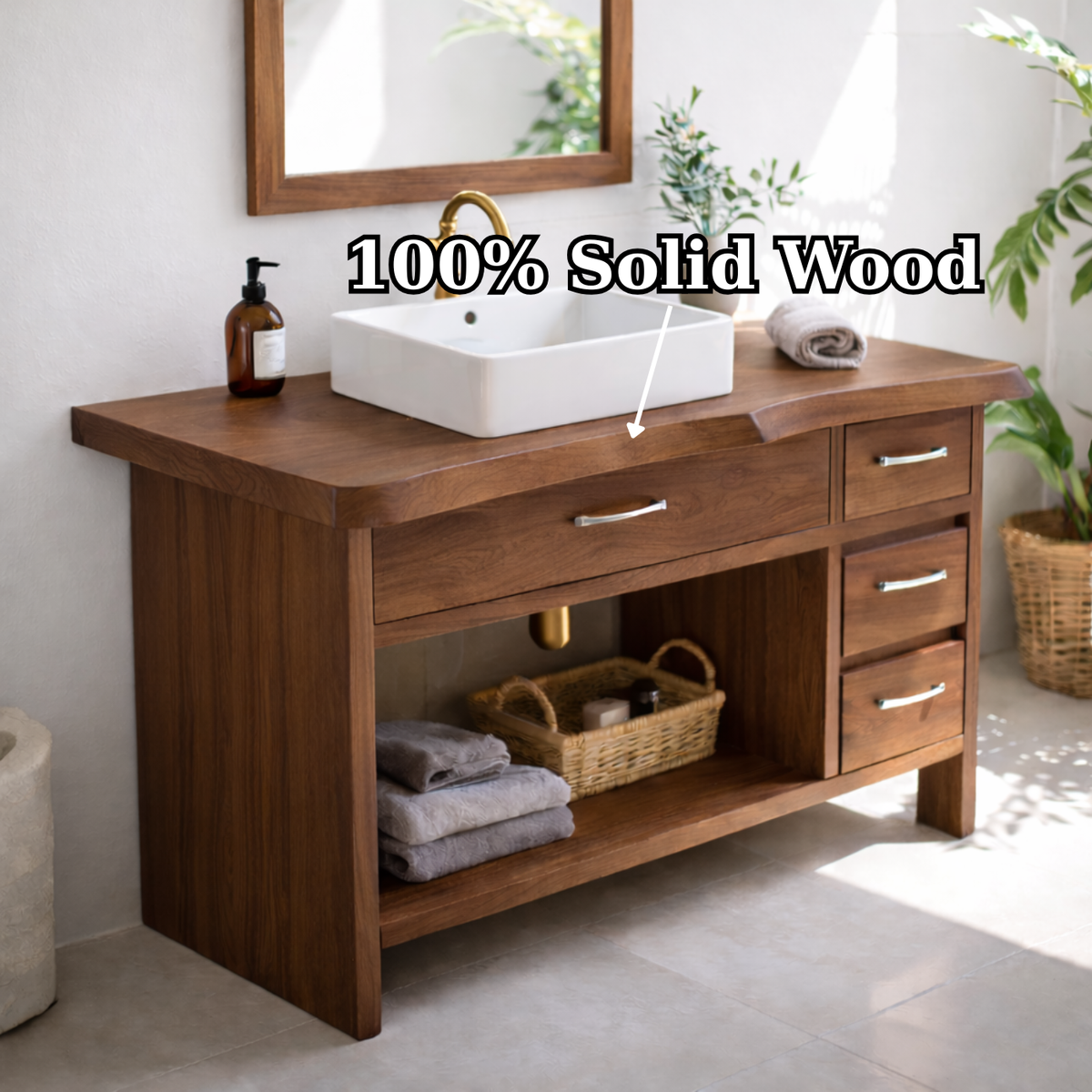 Modern Solid Wood Bathroom Vanity with Multiple Drawers and Open Storage Shelf Kitchnce