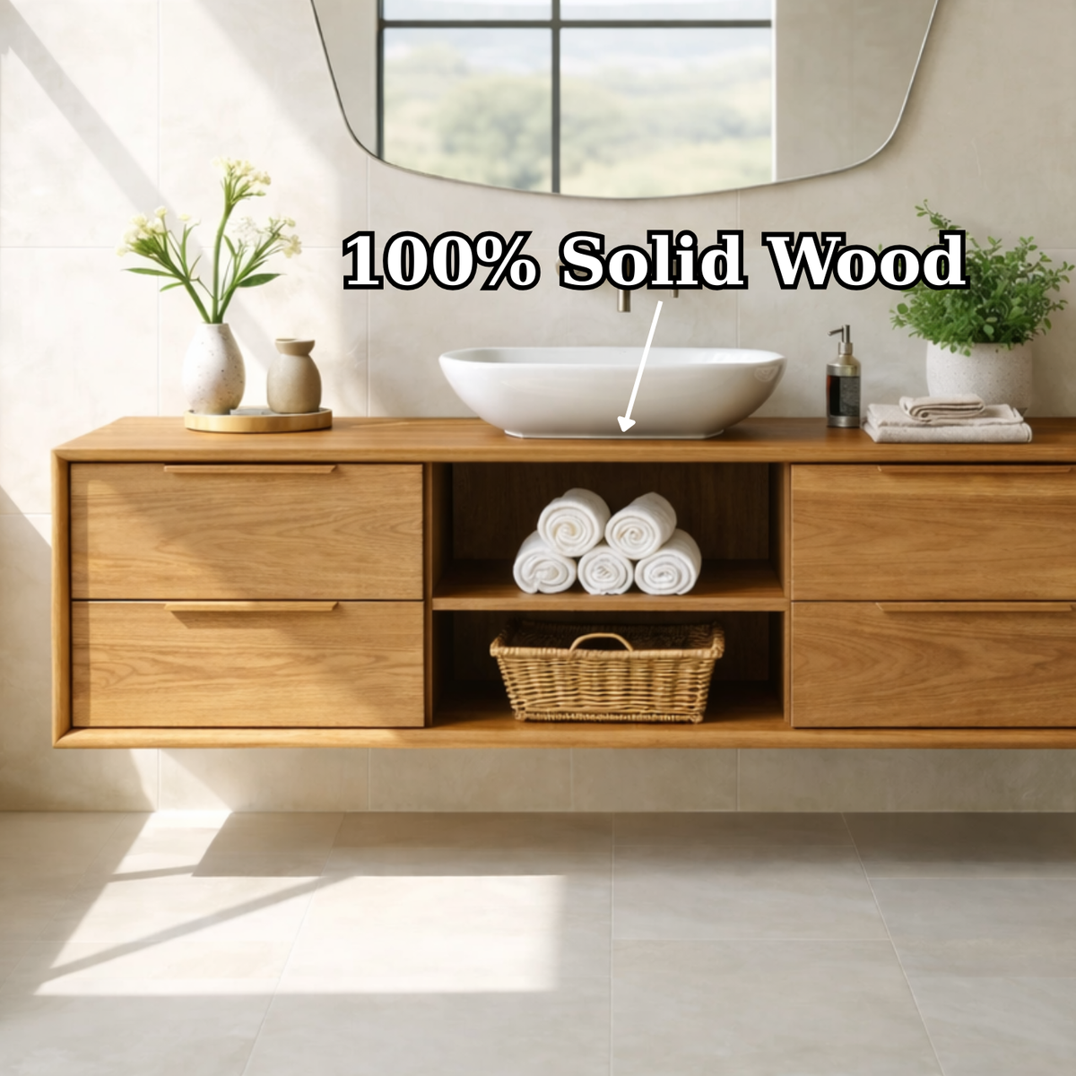 Modern Floating Oak Bathroom Vanity with Open Shelf and Double Drawer Storage Kitchnce
