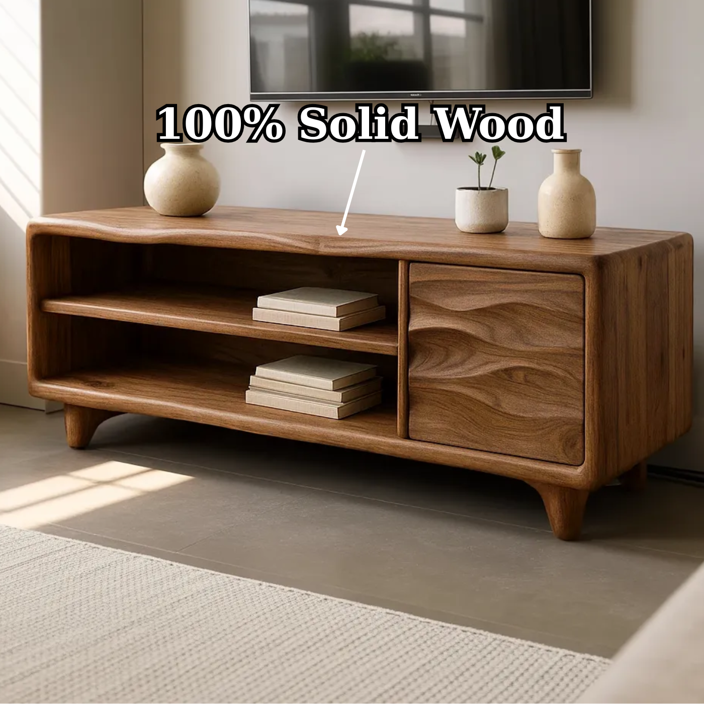 Modern Solid Wood TV Stand with Open Shelves and Wave Grain Cabinet Door Kitchnce