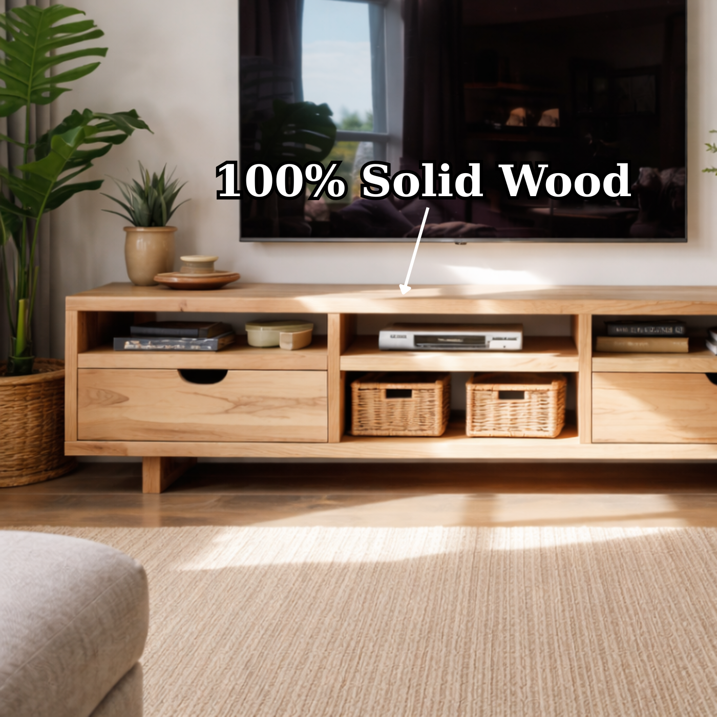 Modern Solid Wood TV Stand with Open Storage and Minimalist Drawers