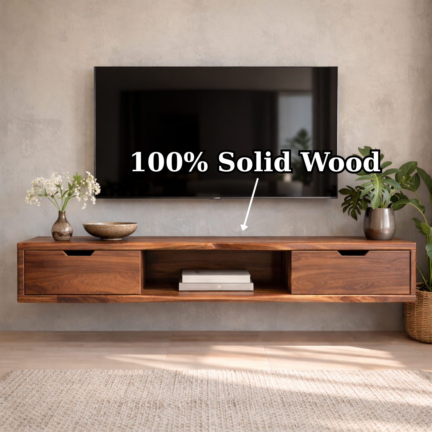 Floating Walnut Wood TV Stand with Drawers and Open Media Shelf Kitchnce