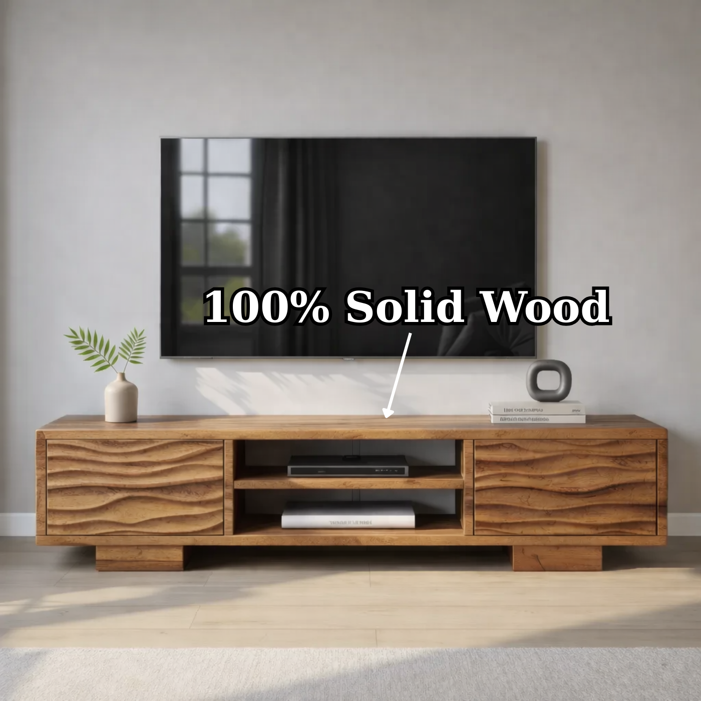 Modern Solid Wood TV Stand with Wave Front Drawers and Open Media Shelf Kitchnce