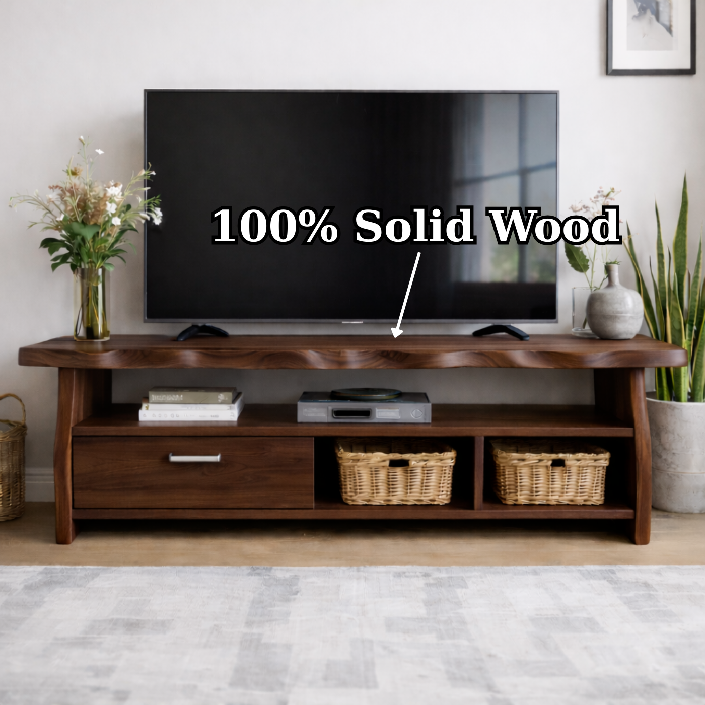 Mid-Century Solid Wood TV Stand with Drawer and Open Storage Shelves Kitchnce