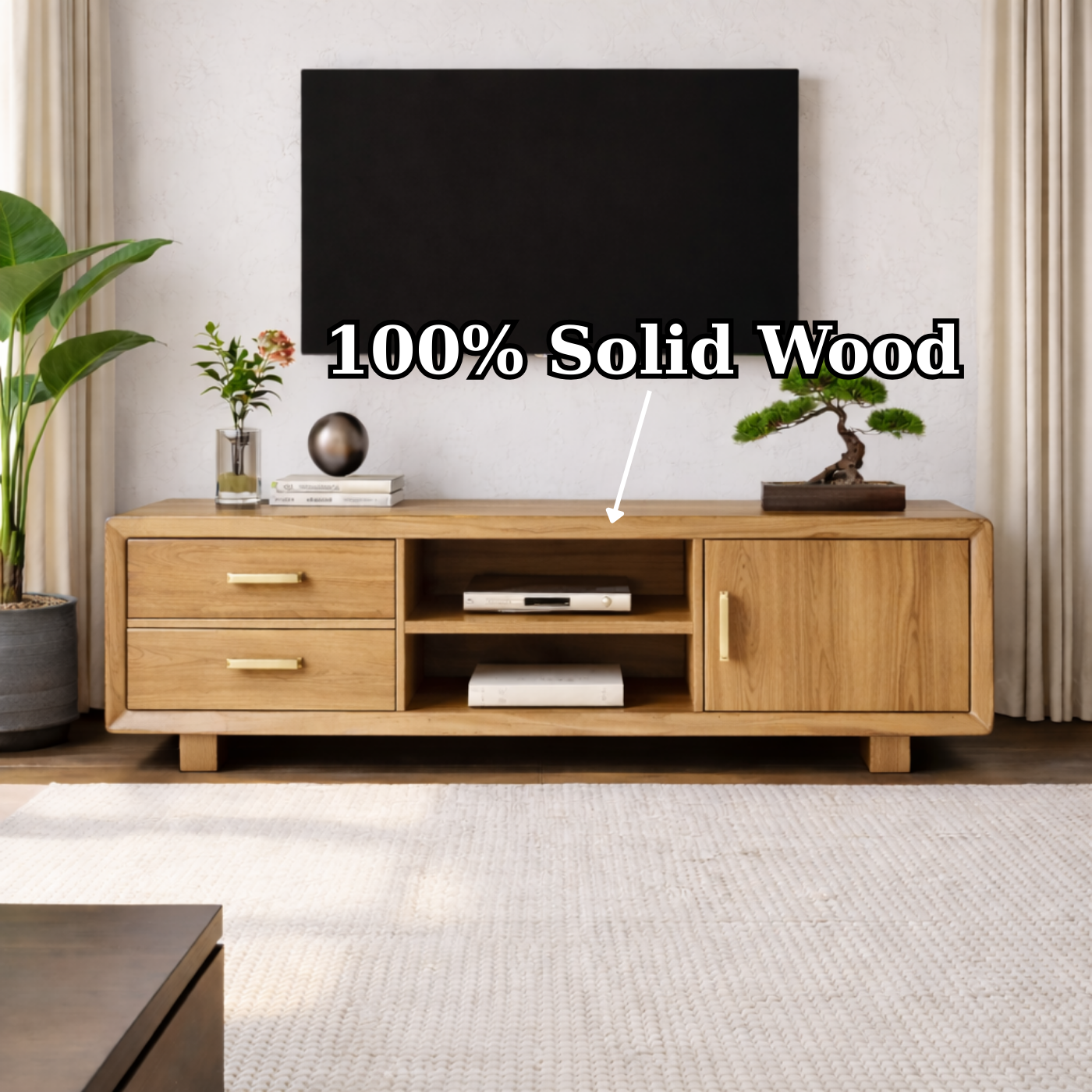 Modern Soild Wood TV Stand with Drawers, Cabinet Door, and Open Media Shelves Kitchnce