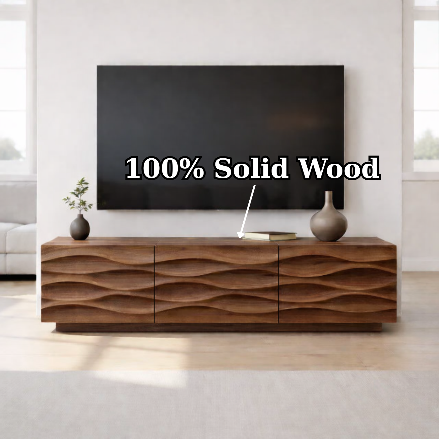Modern Solid Wood TV Stand with Wave Front Design, Walnut Finish Media Console Cabinet Kitchnce
