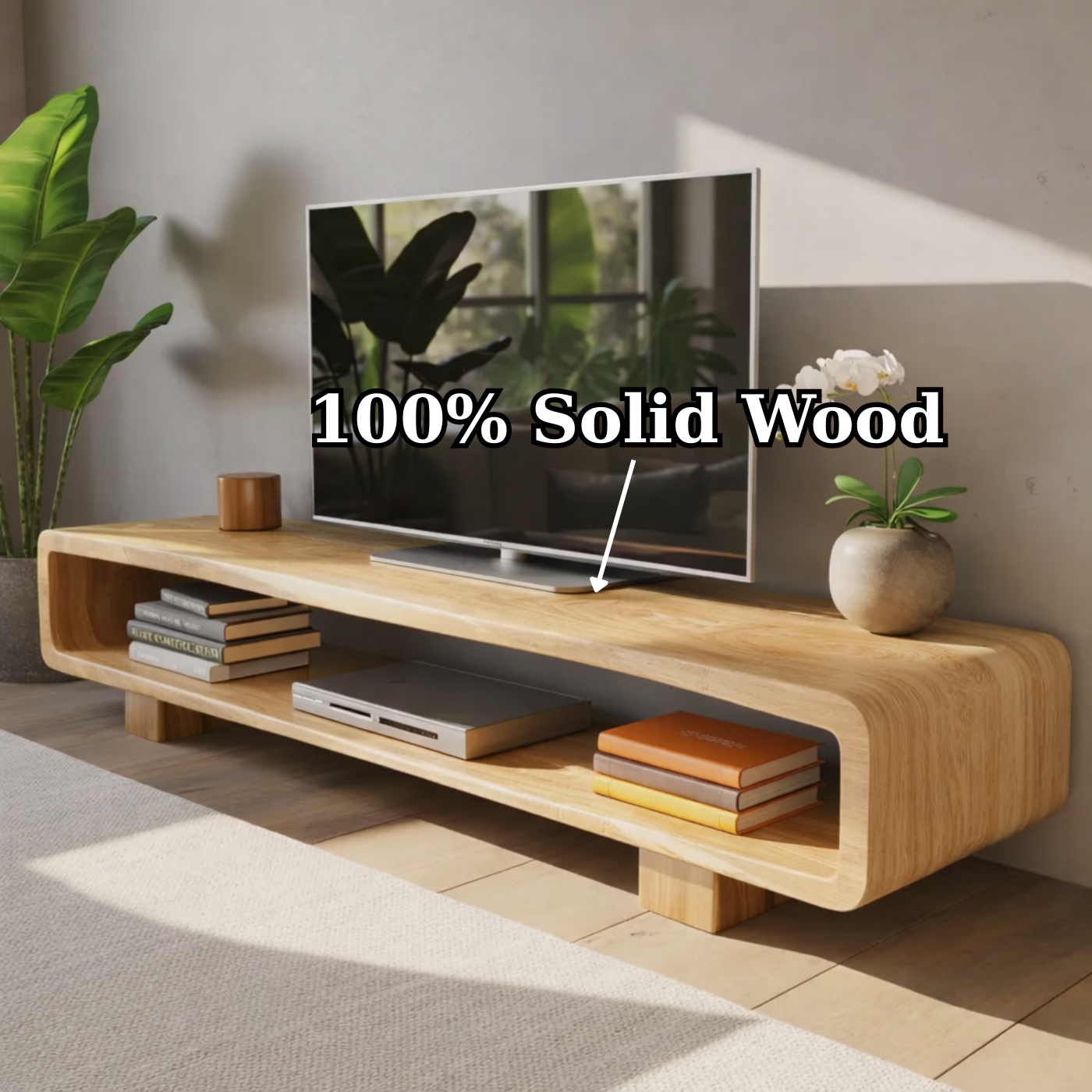 Modern Solid Oak TV Stand with Open Shelf Storage, Minimalist Wooden Media Console Kitchnce