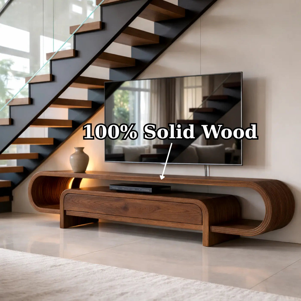 Curved Solid Wood TV Stand with Drawer and Shelf, Modern Walnut Media Console Table Kitchnce