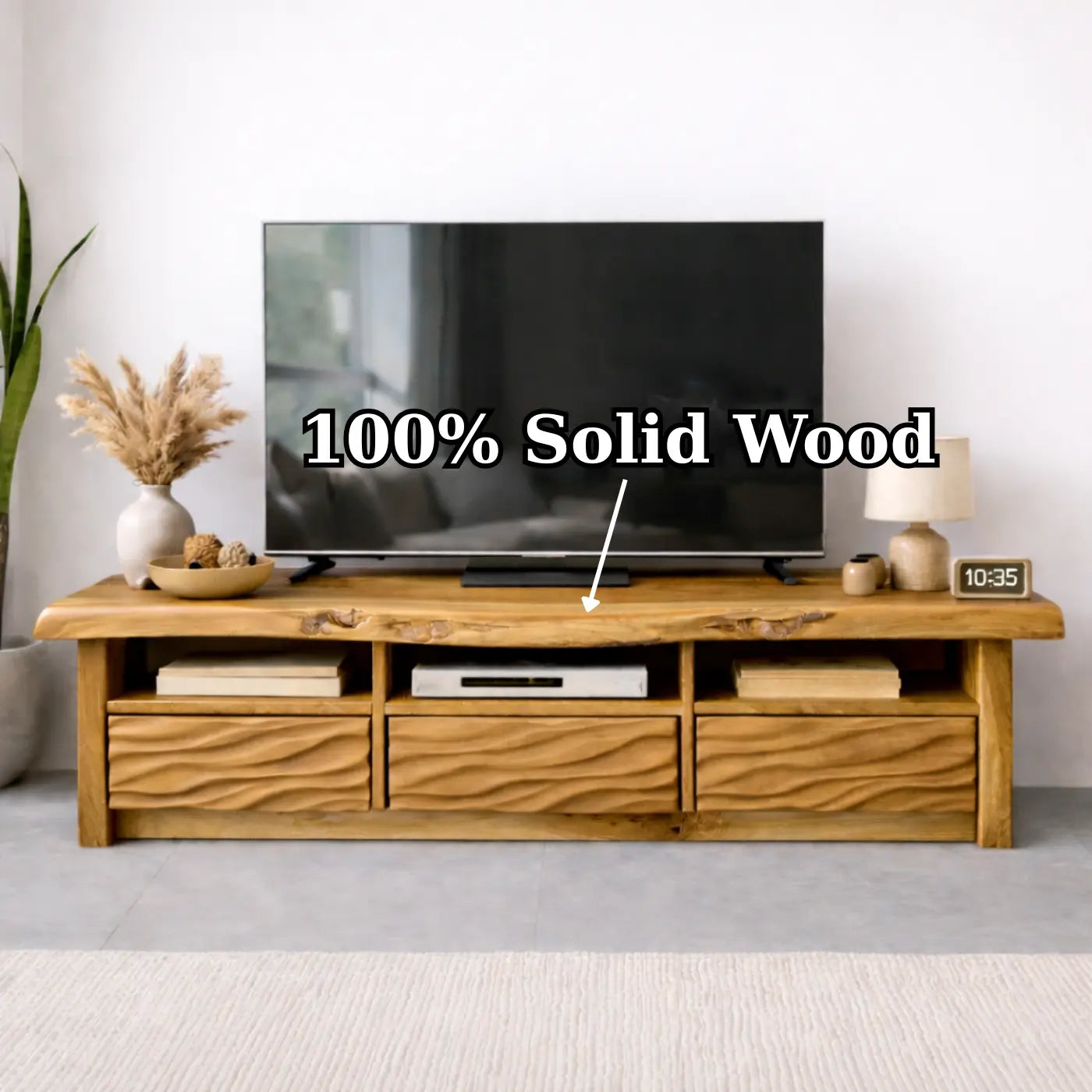 Natural Solid Oak TV Stand with Wavy Drawer Fronts, Rustic Media Console for Living Room Kitchnce