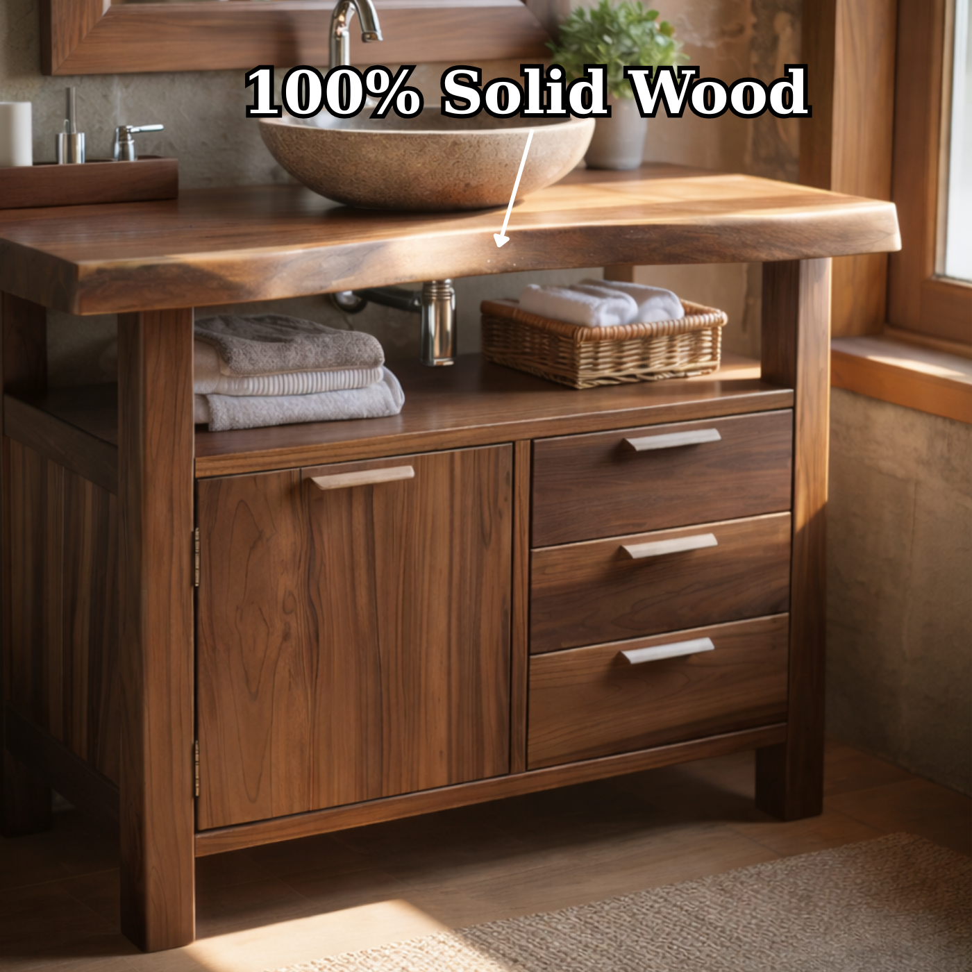 Solid Wood Bathroom Vanity with Cabinet Door, Three Drawers and Open Shelf for Rustic Modern Bathrooms