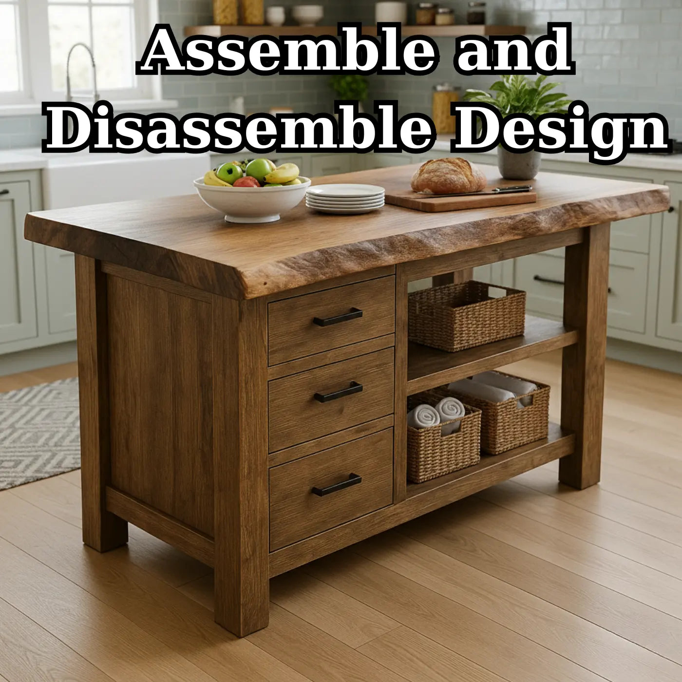 Handcrafted Solid Wood Kitchen Island - Live Edge, Drawers & Open Shelves Kitchnce