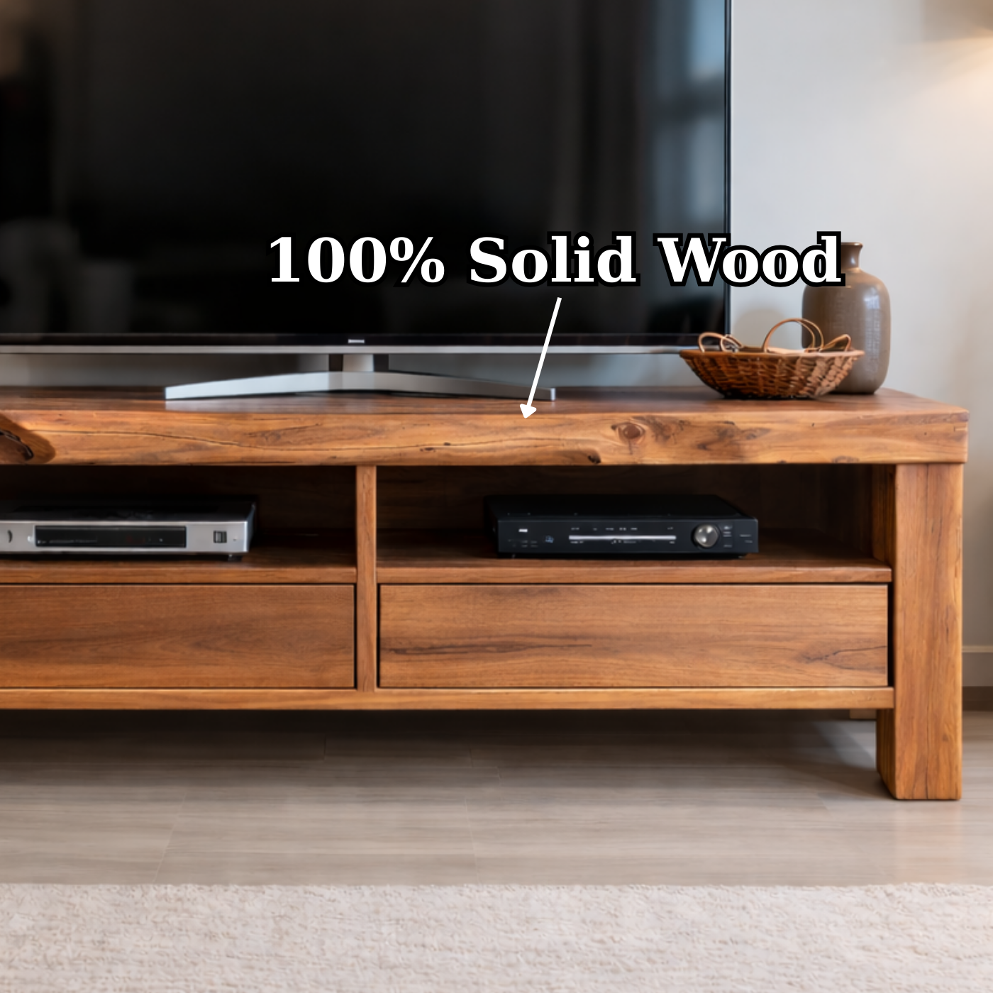 Rustic Solid Wood TV Stand with Natural Live Edge, Storage Drawers and Open Shelves Kitchnce
