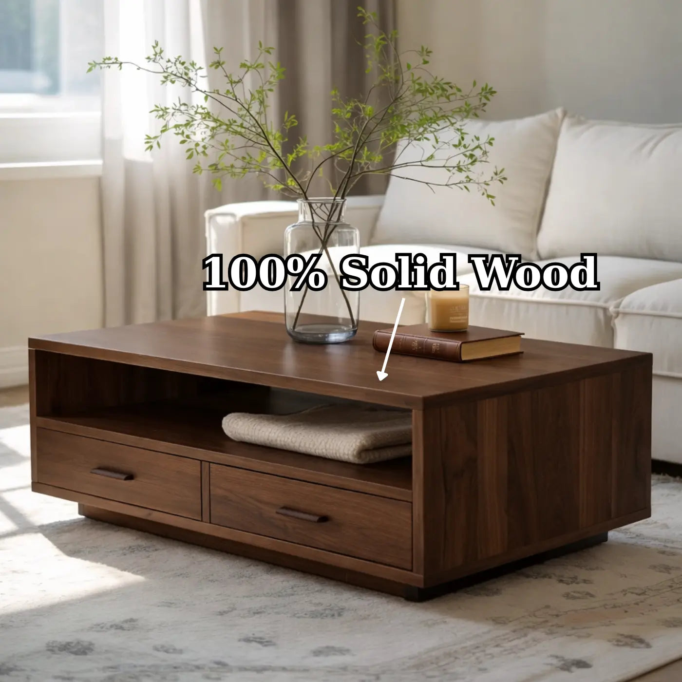 Solid Wood Coffee Table with Storage Drawers, Modern Design for Living Room Kitchnce