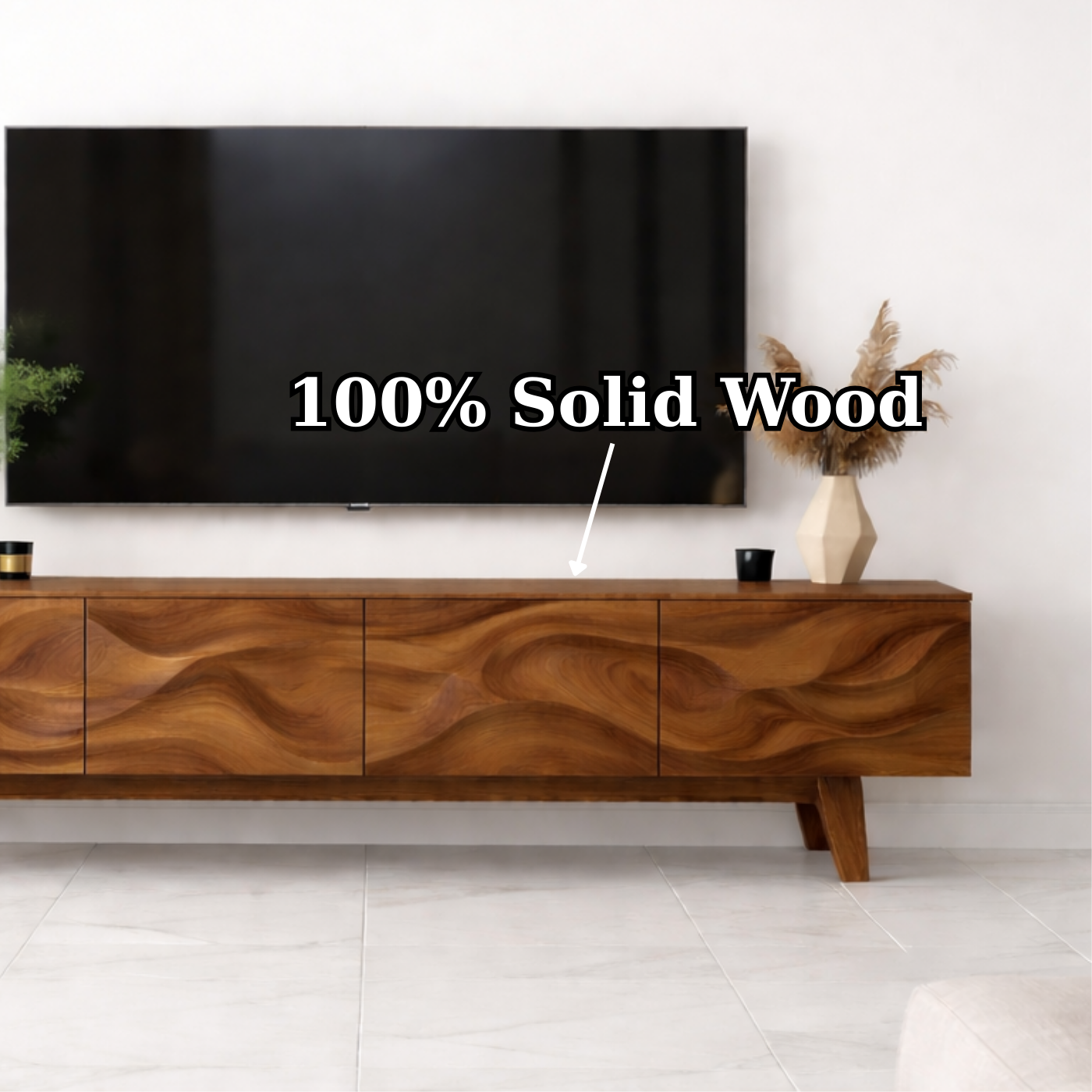Wave Pattern Solid Wood TV Stand with Storage, Modern Media Console for Living Room Kitchnce