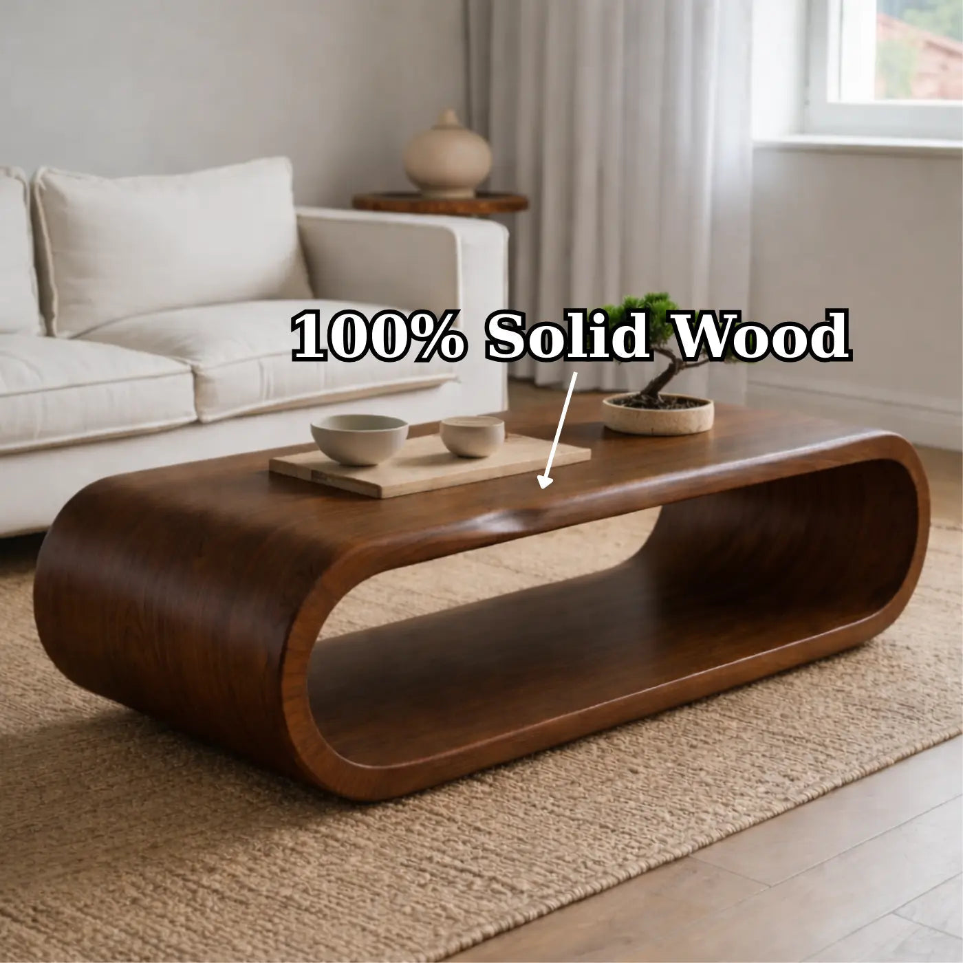 Sculptural Walnut Coffee Table with Curved Design and Open Shelf, Modern Living Room Decor Kitchnce