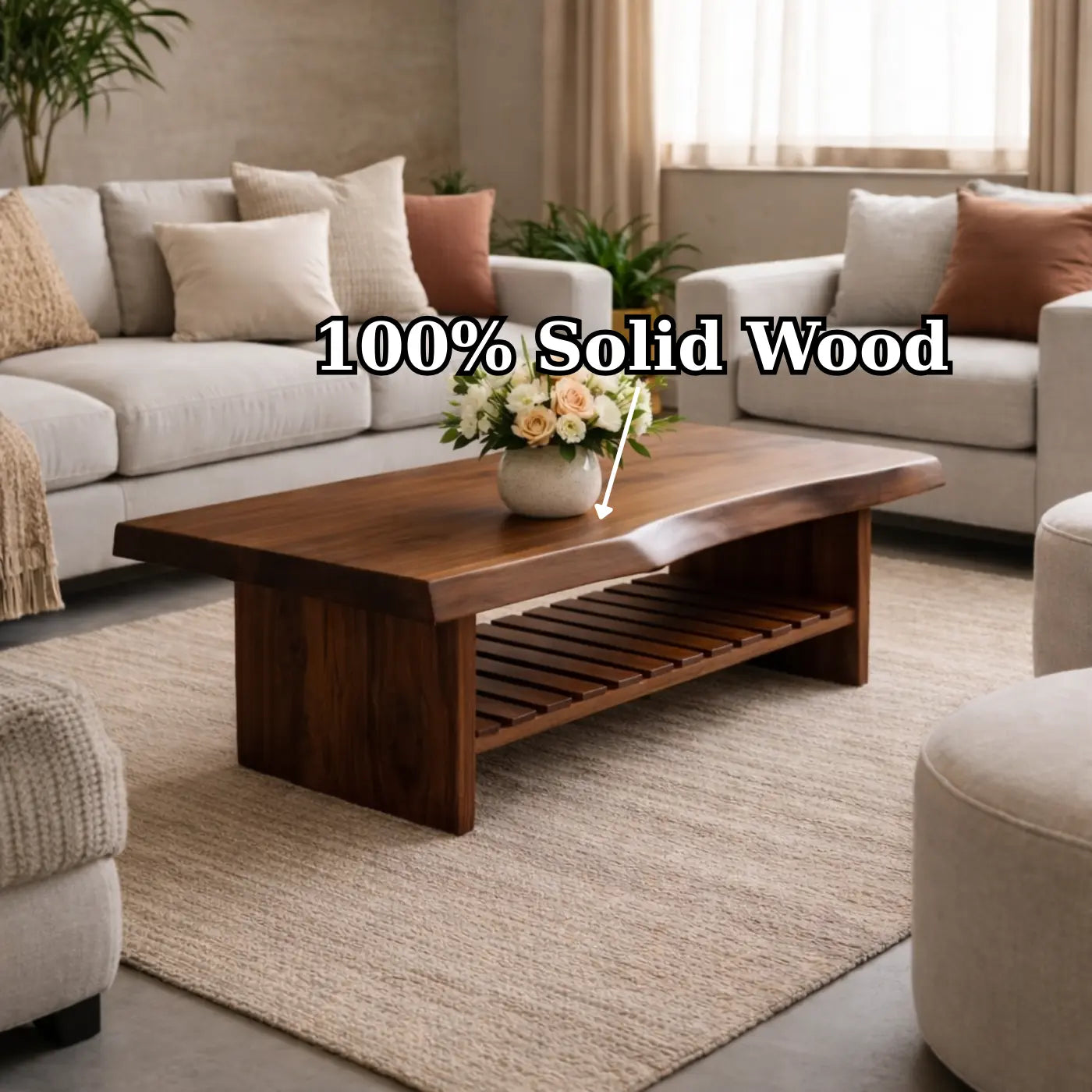Live Edge Walnut Coffee Table with Slatted Shelf, Natural Modern Design for Living Room Kitchnce