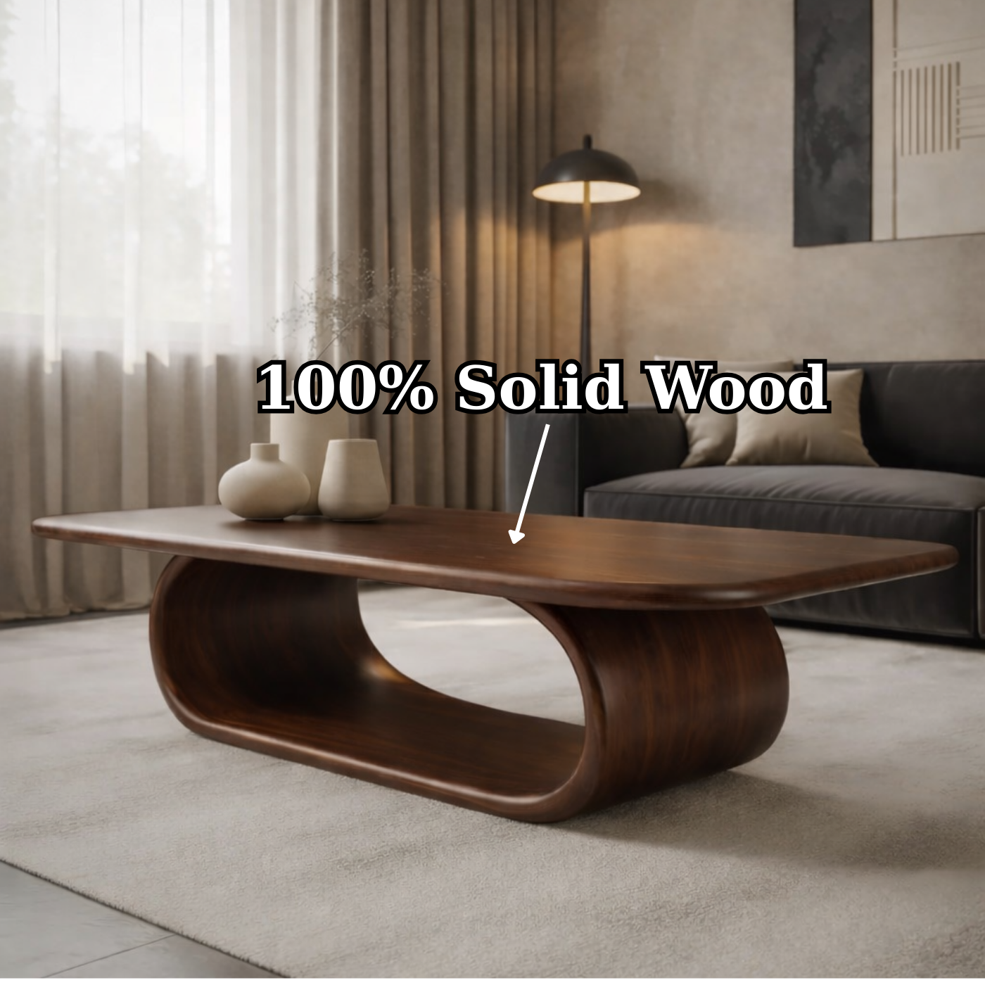 Sculptural Walnut Coffee Table with Curved Design and Open Shelf, Modern Living Room Décor Kitchnce