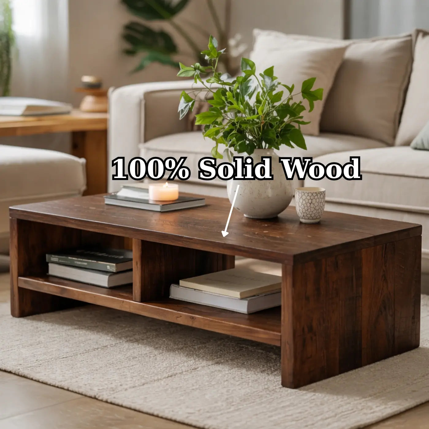 Solid Wood Coffee Table with Open Storage, Rustic Design for Living Room and Décor Kitchnce