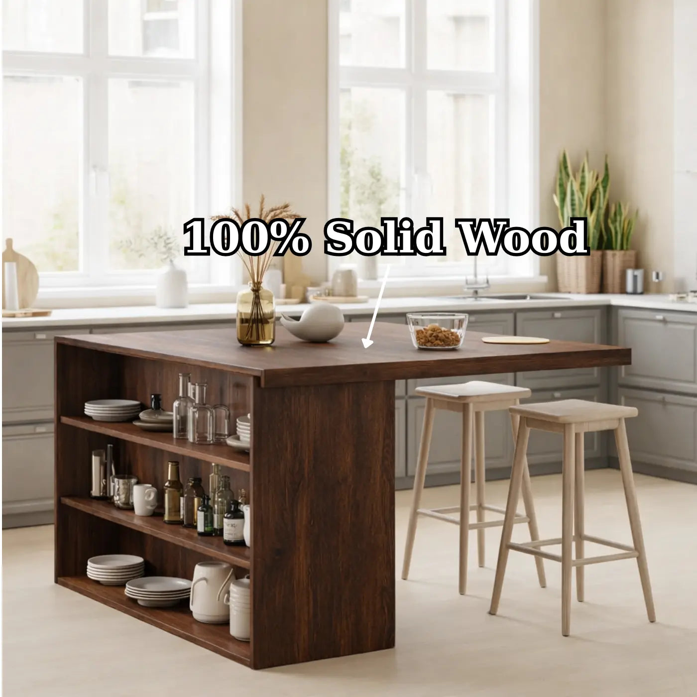 Modern Solid Wood Kitchen Island with Open Storage Shelves, Walnut Kitchen Bar Table Kitchnce