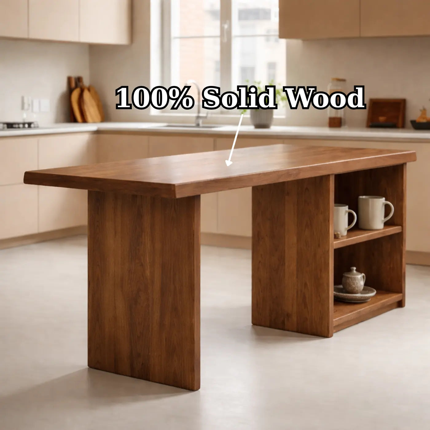 Solid Wood Kitchen Island with Open Shelf Storage and Spacious Prep Table Kitchnce