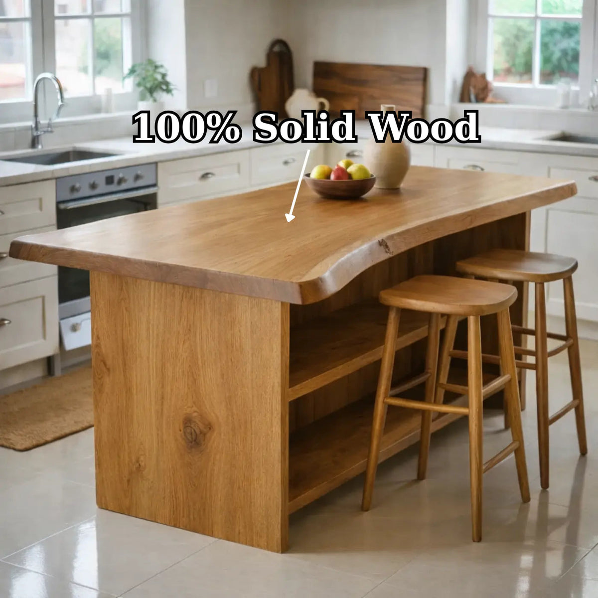 Live Edge Solid Wood Kitchen Island with Open Shelf Storage and Seating Bar Table Kitchnce