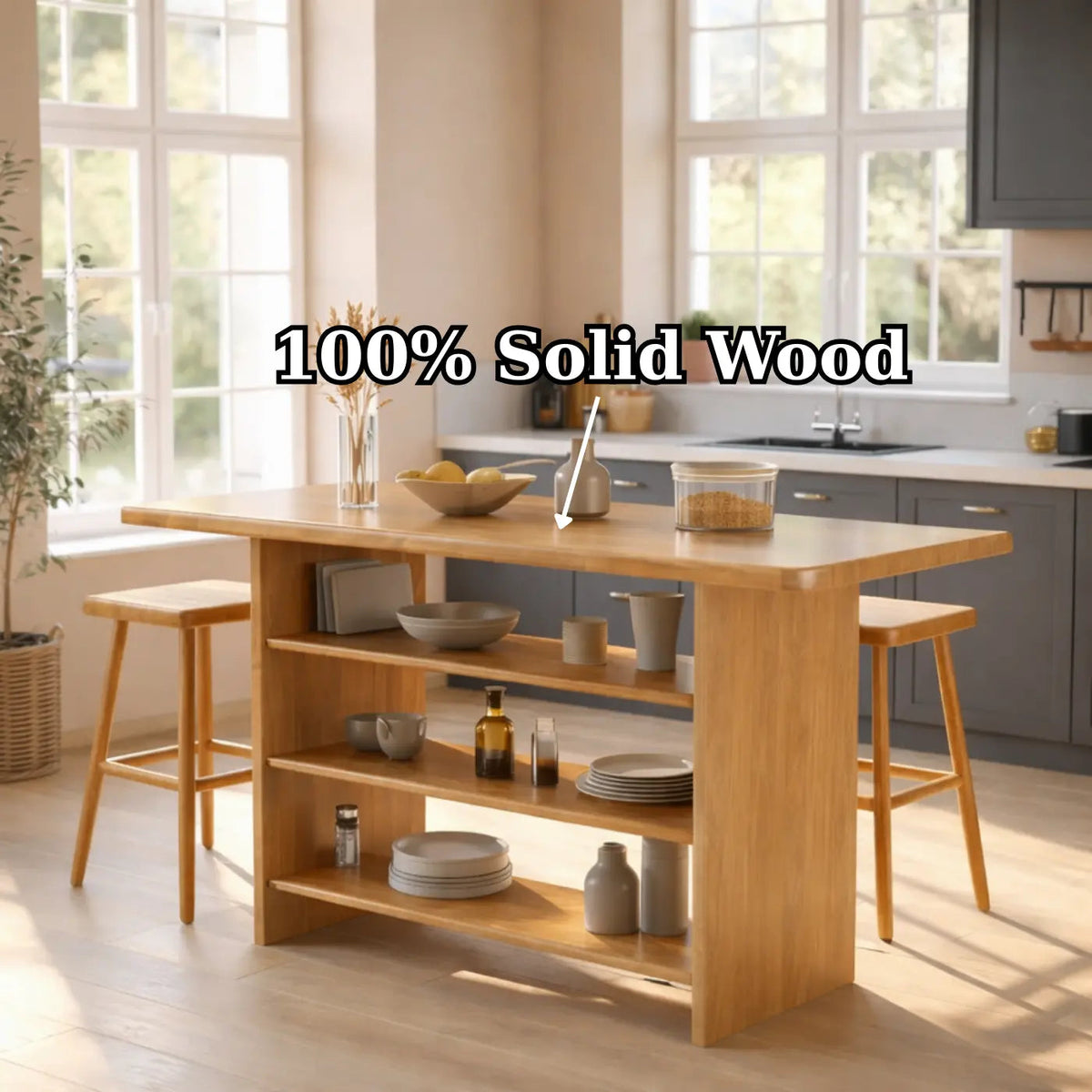 Solid Wood Kitchen Island with Open Storage Shelves and Kitchen Bar Table Kitchnce