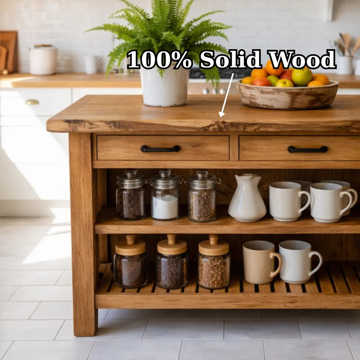 Solid Wood Kitchen Island with Drawers and Open Shelf Storage Wooden Prep Table Kitchnce
