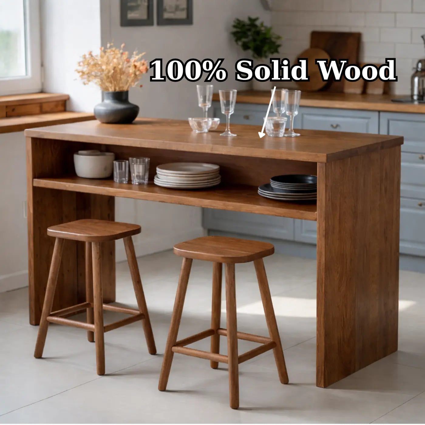 Modern Solid Wood Kitchen Island with Open Shelf Storage and Breakfast Bar Table Kitchnce