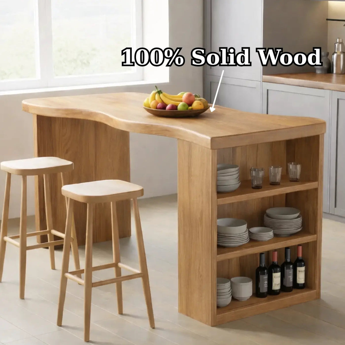 Solid Wood Kitchen Island with Curved Edge Top and Open Shelf Storage Breakfast Bar Kitchnce